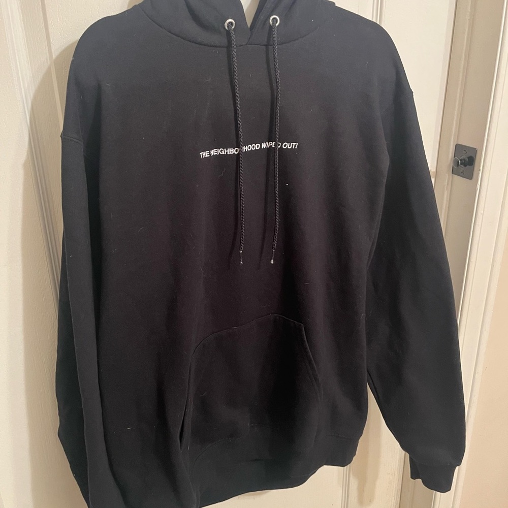 Champion Black Hoodie with White Text “The Neighborhood Wiped Out”